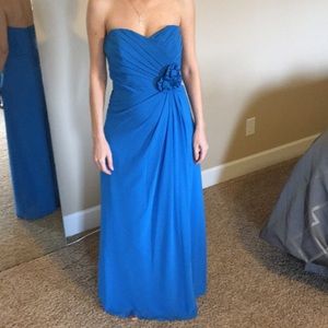 Blue flowing strapless dress